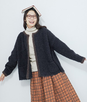 ブークレ配色パイピングカーディガン(ネイビー-ONESIZE)