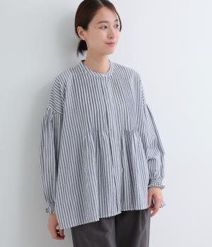 コットン長袖ピンタックブラウス(ネイビー×ホワイト-F)