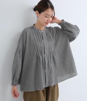 コットン長袖ピンタックブラウス(ブラック×アイボリー-F)