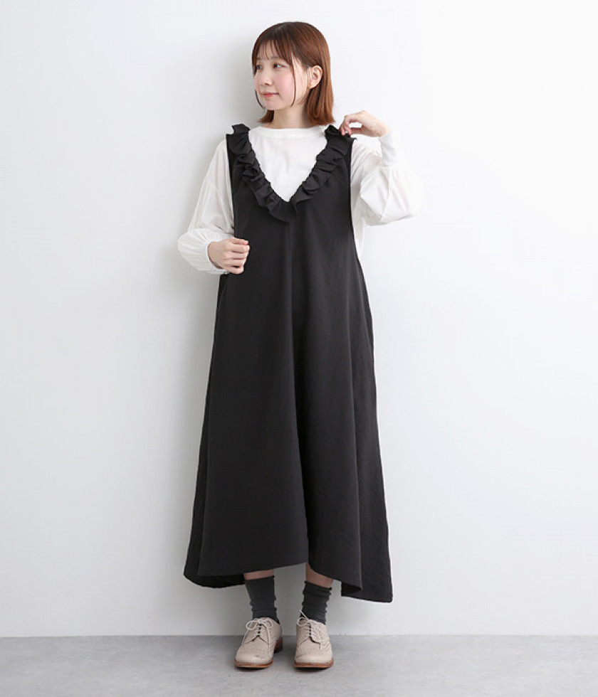 とろみワッシャー襟元フリル付ノースリーブワンピース 着丈115cm
