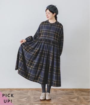 ネルウエスト切替長袖ギャザーワンピース