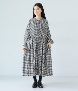 ネルウエスト切替長袖ギャザーワンピース(ブラック×アイボリー-F)