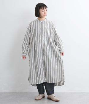 コットンポプリン前開き長袖ワンピース