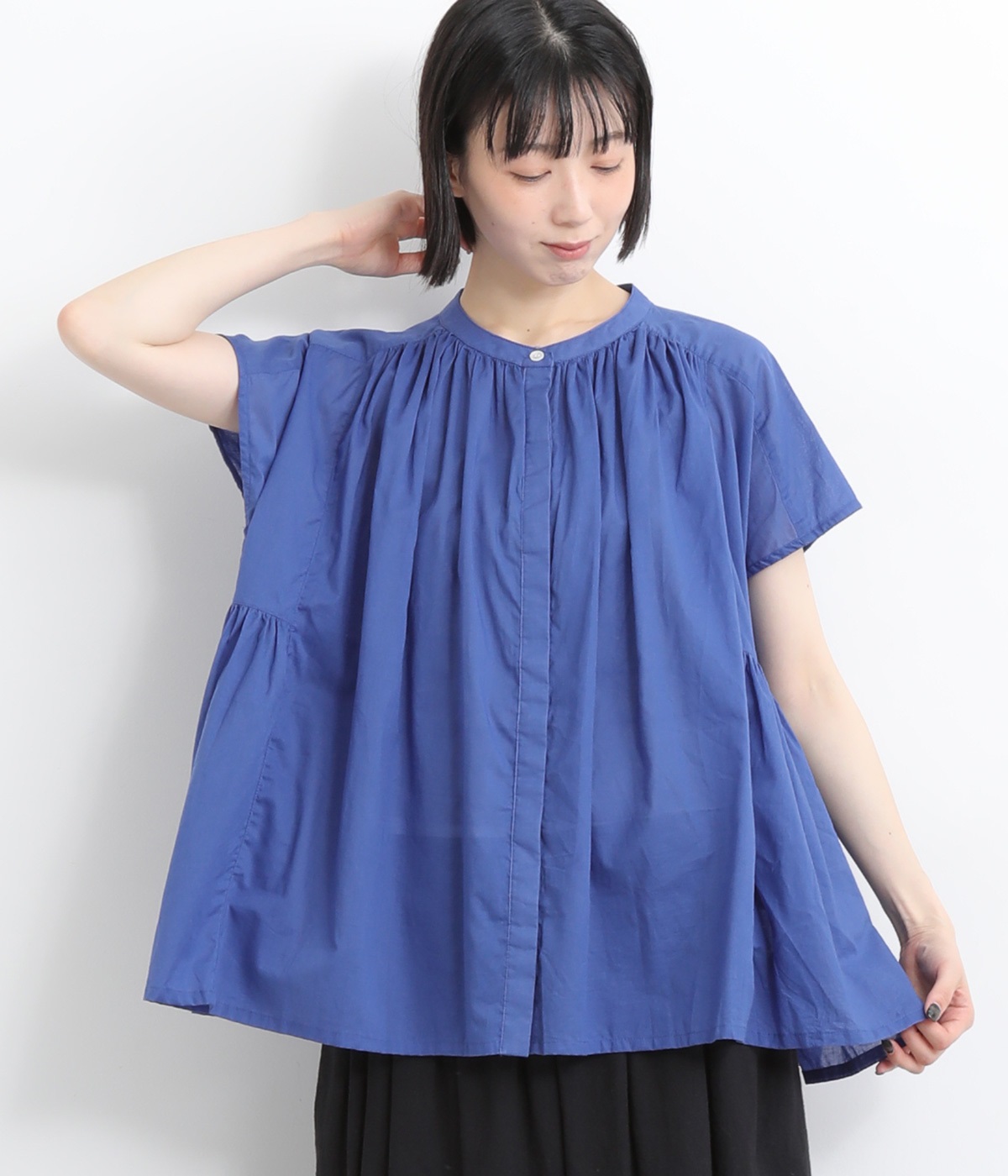 コットンシフォンギャザーフレンチブラウス