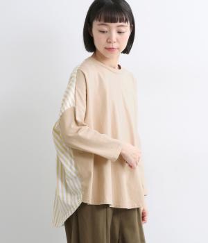 天竺×サッカーストライプバックギャザーストライプTee(グレージュ-F)