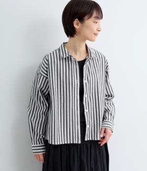 T/Cストライプクロップドフレアシャツ(ブラック-F)