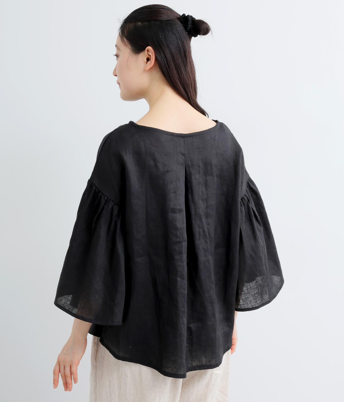 リネン袖ギャザープルオーバー(ブラック-F)