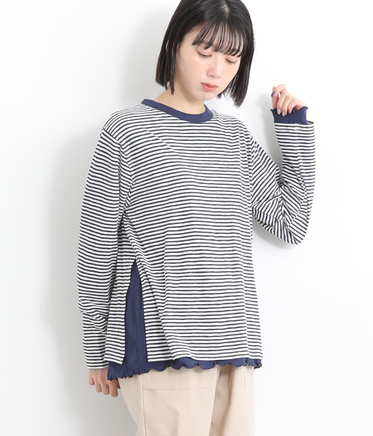 シアーボーダー×シアー天竺ボーダーレイヤードTee(オフ×ネイビー-F)