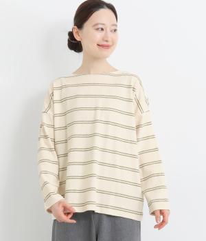 【A.U.G. relaxing】コットンビンテージボーダーワイドボートネックTee(オフ×イエロー-F)