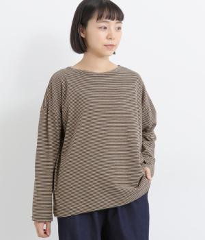 【A.U.G. relaxing】コットンビンテージボーダーワイドボートネックTee(ダークブラウン-F)