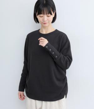 リブ起毛袖ボタンミディTee(ブラック-F)