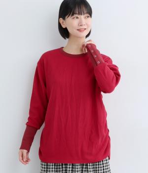 リブ起毛袖ボタンミディTee(レッド-F)