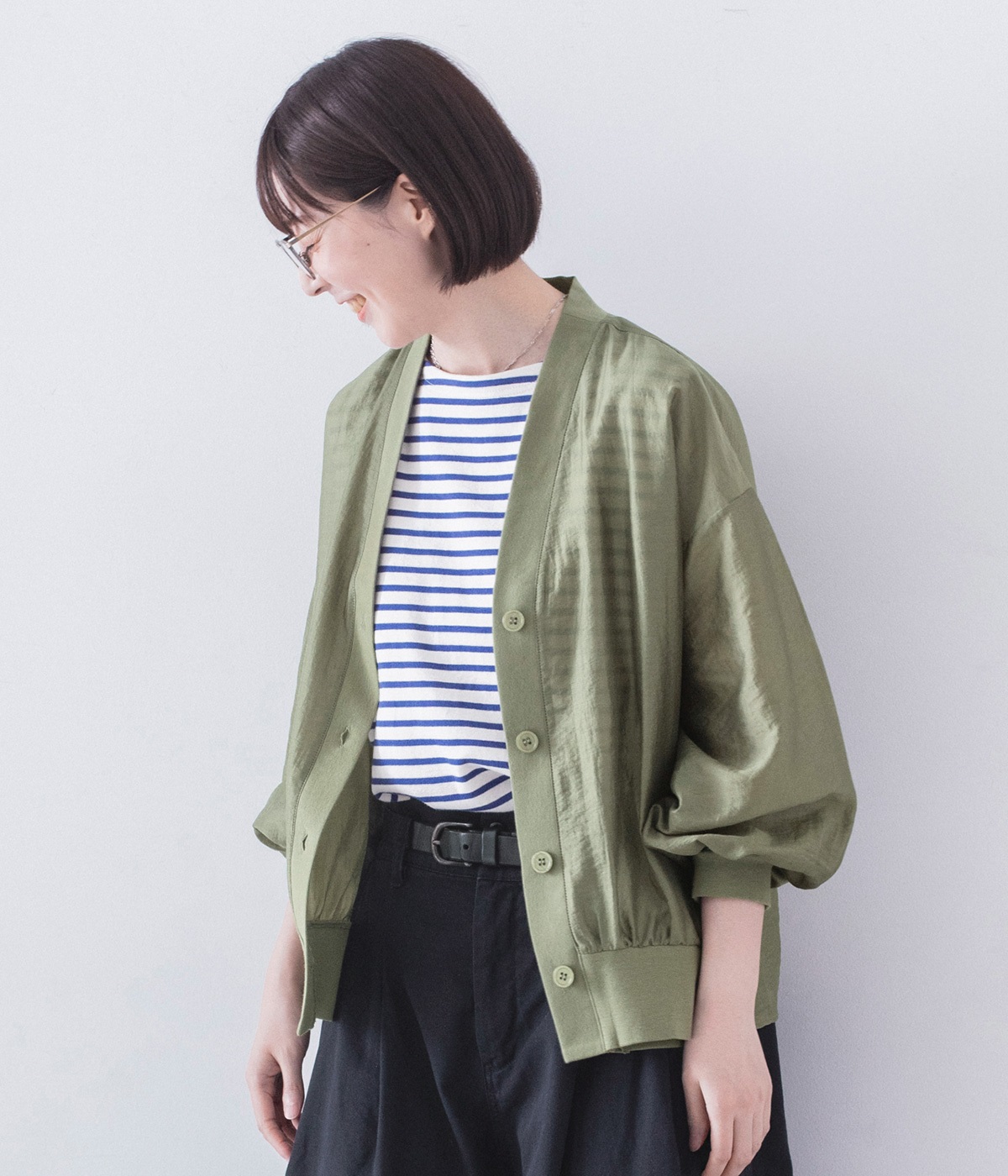 テンセルナイロンシアーVネックカーディガン(カーキ-ONESIZE)