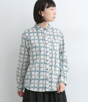 コードコットンリーフチェックプリントレギュラーシャツ(ライトベージュ-ONESIZE)