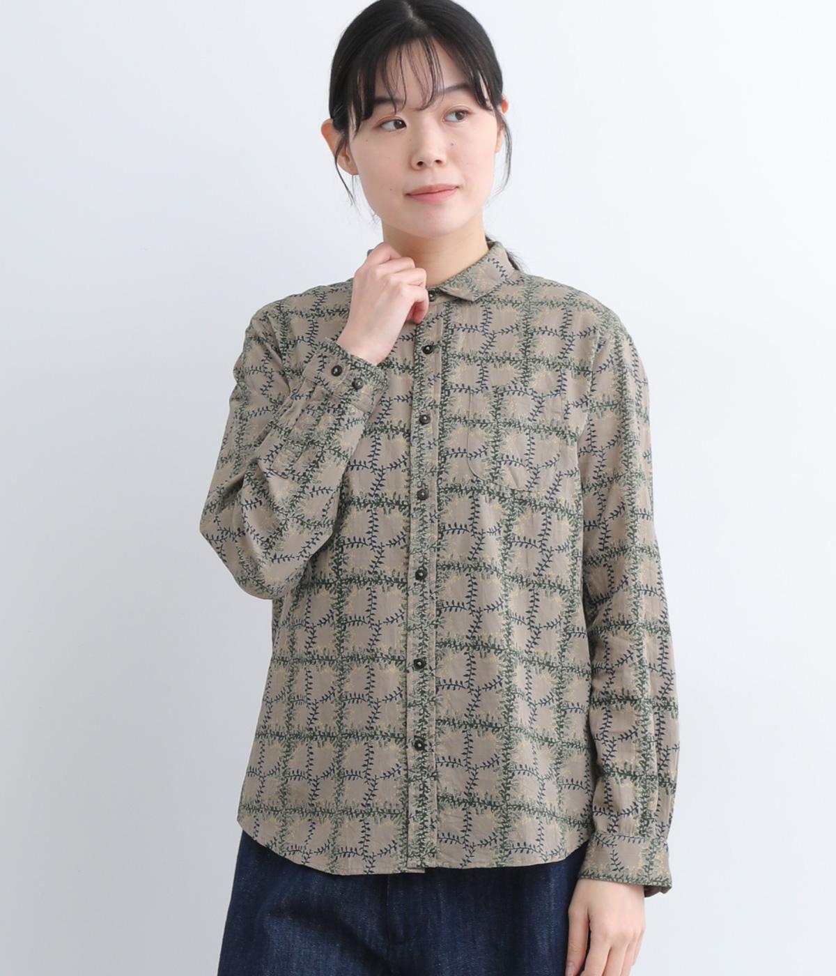 コードコットンリーフチェックプリントレギュラーシャツ(モカ-ONESIZE)