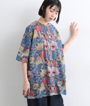 キャンブリックフラワーガーデンプリント後ろタックロングシャツ