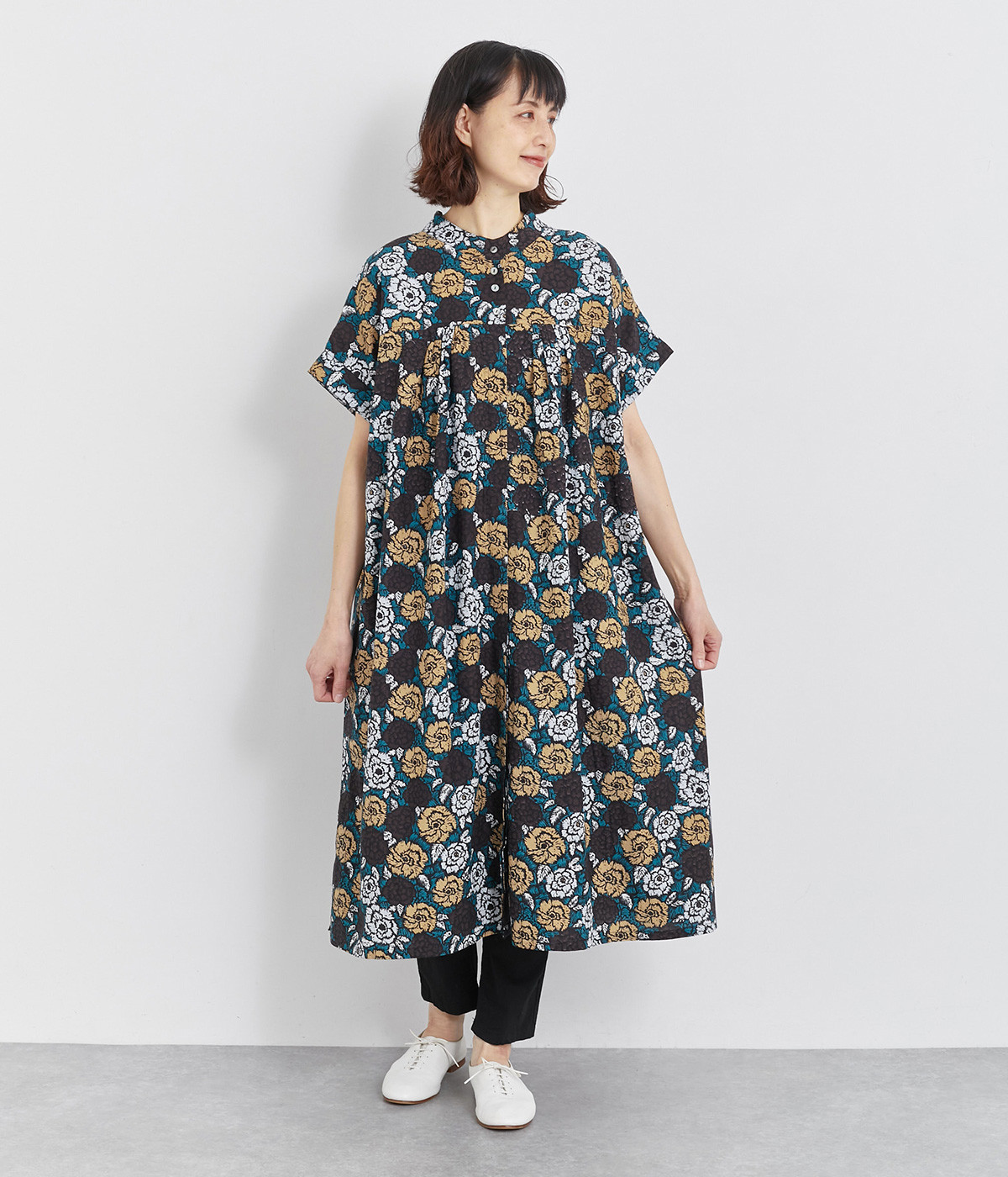 45r ファッション 45r上質二重織りフラワープリントワンピース