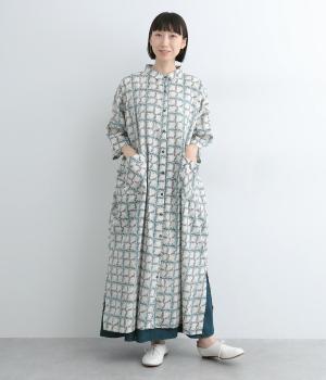 コードコットンリーフチェックプリントチビ襟付きワイドワンピース