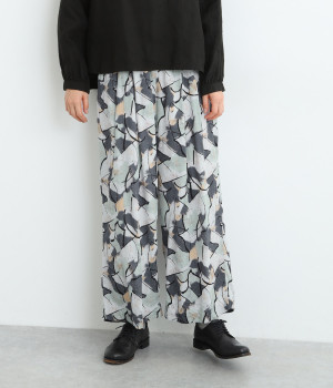 コットンアートペイントプリントワイドストレートパンツ(スモークグリーン-ONESIZE)