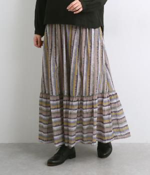 ライトボイルフサフサプリントボリュームギャザーロングスカート(グレージュ-F)