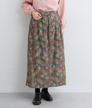 コットン　treesプリント　セミタイトスカート(チャコールグレー-F)