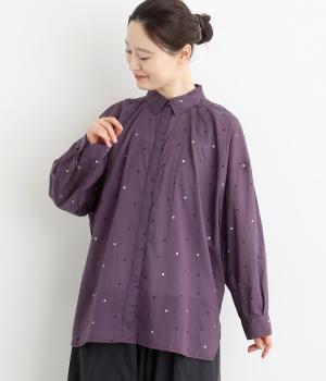 ライトボイル箔ドットプリント襟付きワイドロングシャツ