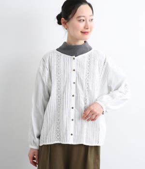 キャンブリック×コットンレース後ろヘンリー2wayブラウス(オフホワイト-F)