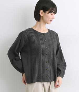 キャンブリック×コットンレース後ろヘンリー2wayブラウス(チャコールグレー-F)