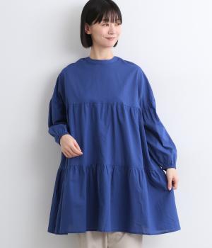 キャンブリック×コットンレース2wayティアードロングブラウス(ブルー-F)