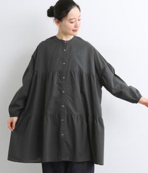 キャンブリック×コットンレース2wayティアードロングブラウス(チャコールグレー-F)