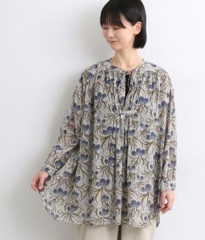 シルクタッチボイルアールフラワープリントギャザーヘンリーチュニック