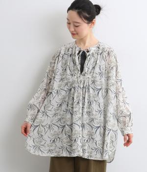 シルクタッチボイルアールフラワープリントギャザーヘンリーチュニック(オフホワイト-F)