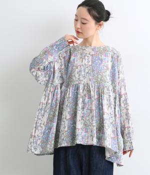 コットンボイルウォールプリント2way切替えギャザーブラウス
