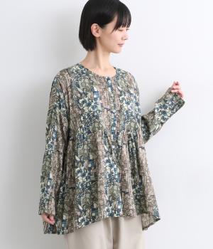 コットンボイルウォールプリント2way切替えギャザーブラウス(ネイビー-F)