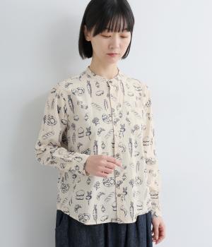 手捺染コットンモダール　やさいパンプリント　スタンドレギュラーシャツ