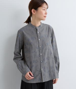 手捺染コットンモダール　やさいパンプリント　スタンドレギュラーシャツ(ダークグレー-F)
