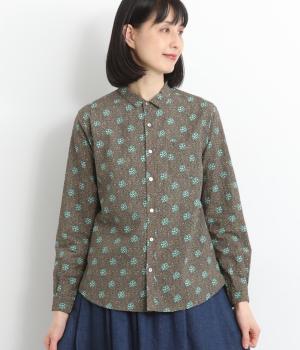 手捺染コットン　バインフラワープリント　レギュラーシャツ(オリーブ-F)