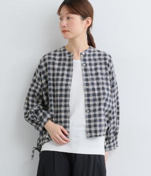 手捺染コットン　ギンガムチェックプリント　裾ドロストバンドカラーシャツ(ネイビー-F)