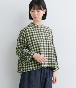 手捺染コットン　ギンガムチェックプリント　裾ドロストバンドカラーシャツ(グリーン-F)