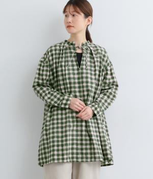 手捺染コットン　ギンガムチェックプリント　サイドオープンチュニック(グリーン-F)