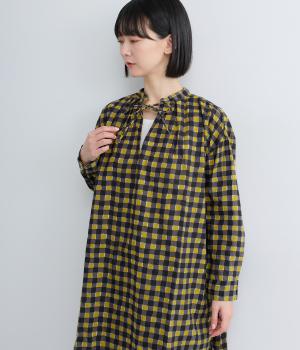手捺染コットン　ギンガムチェックプリント　サイドオープンチュニック(ブラック-F)