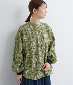 手捺染コットン　クロッキーフラワープリント　袖口RIBギャザーシャツ