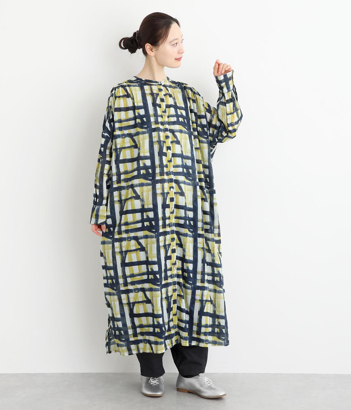 ライトボイル水彩ラインプリントワイドクルーワンピース(ネイビー-F)