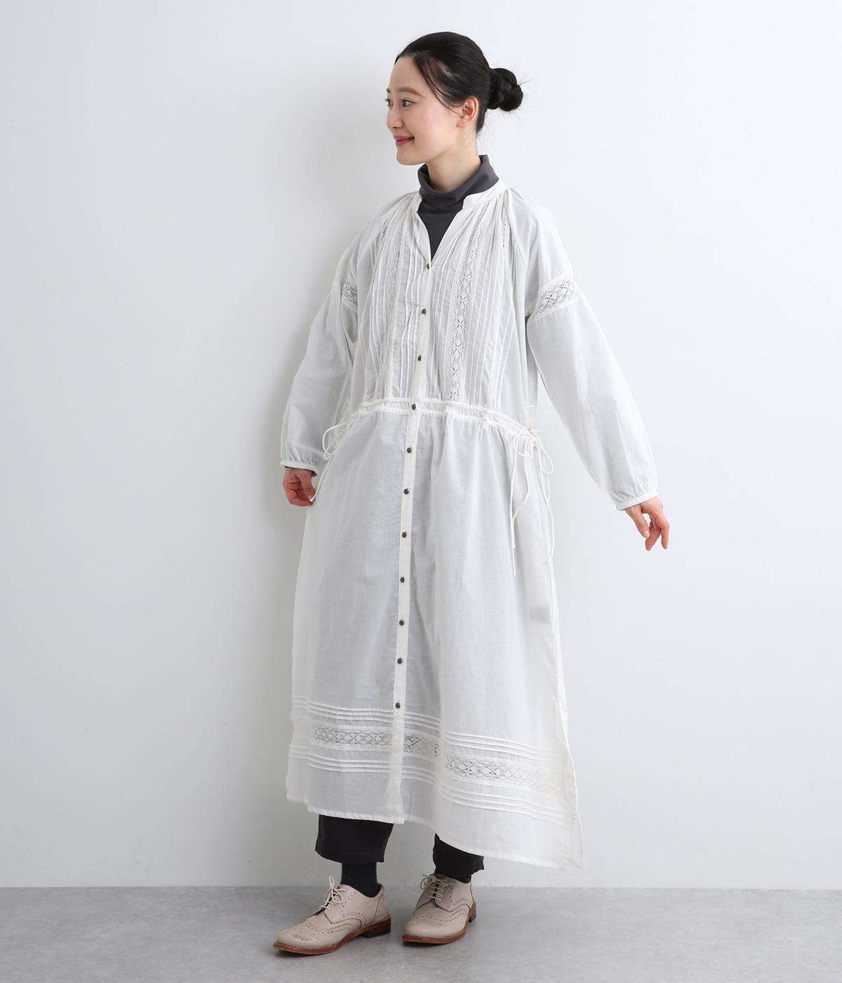 キャンブリック×コットンレース前開きウエストドロストワンピース(オフホワイト-F)