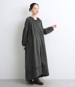キャンブリック×コットンレース前開きウエストドロストワンピース(チャコールグレー-F)