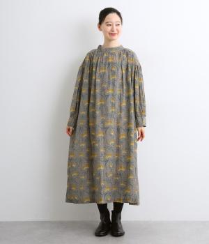 シルクタッチボイルアールフラワープリント2wayビッグスリーブワンピース(カーキグレー-F)