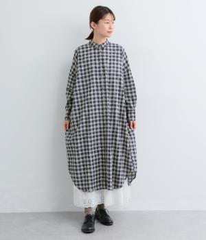 手捺染コットン　ギンガムチェックプリント　バックギャザーシャツワンピース(ネイビー-F)