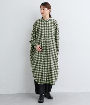 手捺染コットン　ギンガムチェックプリント　バックギャザーシャツワンピース(グリーン-F)