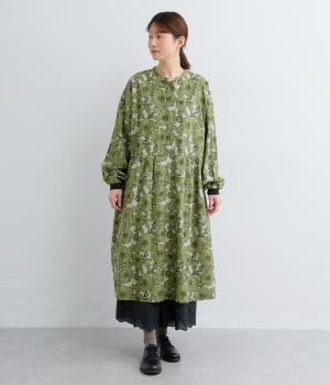 手捺染コットン　クロッキーフラワープリント　切替えヒヨクワンピース