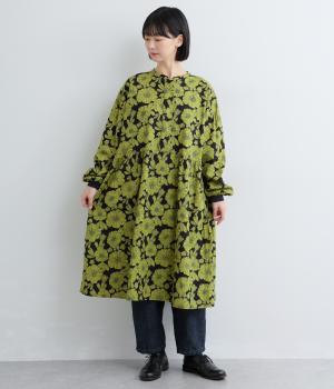 手捺染コットン　クロッキーフラワープリント　切替えヒヨクワンピース(ブラック-F)